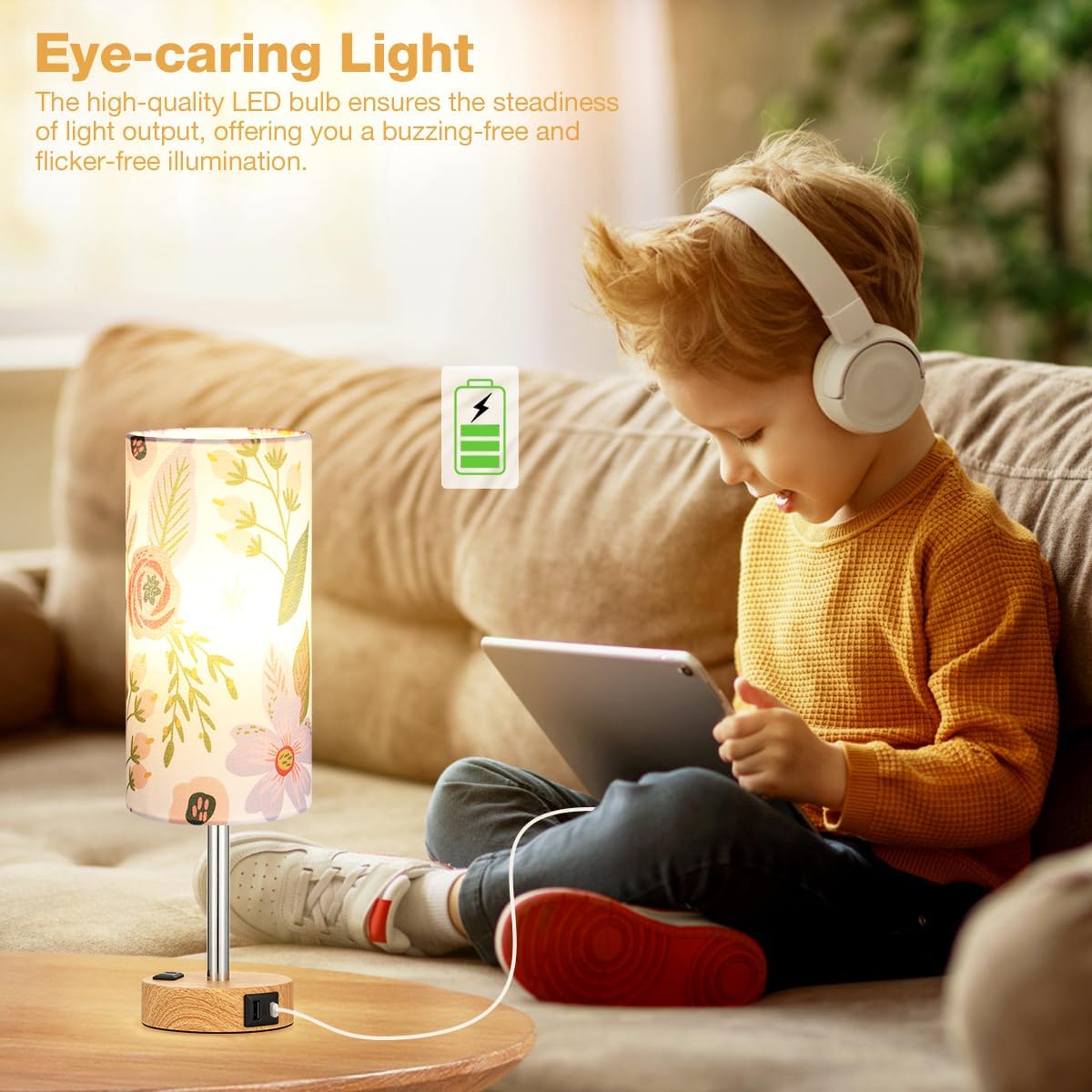 Fenmzee Floral Touch Lamp for Bedroom- 3 Way Dimmable Bedside Lamp USB C A Charging Ports and AC Outlet, Small Table Lamp Floral Linen…