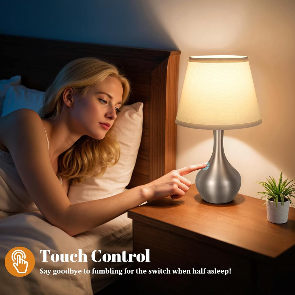 Seealle Touch Table Lamp for Bedroom, 3-Way Dimmable Small Bedside Lamps for Night Stands with Wires, Silver Desk Lamp for Kids Room…