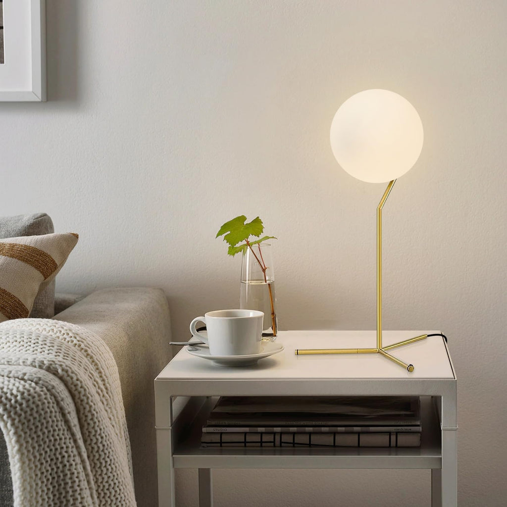 BOKT Modern 1-Light Glass Globe Table Lamp Contemporary Minimalist Tall Bedside Desk Nightstand Lamp Vintage Brush Gold Metal Table Light…