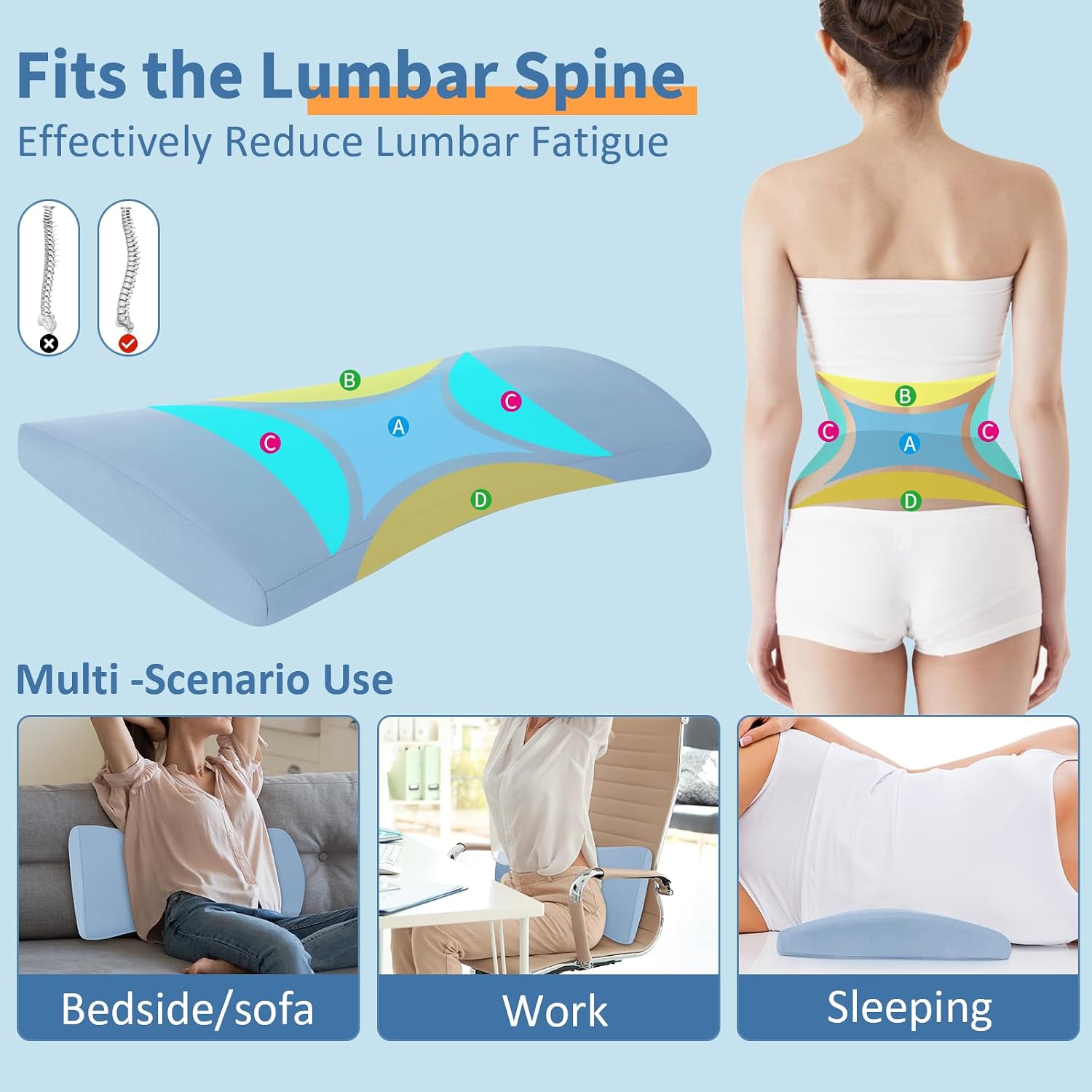 VamorryDirect Lumbar Support Pillow for Bed Relief Back Pain: Lower Back Pillow for Sleeping - Memory Foam Waist Pillow - Back Wedge Bolste…