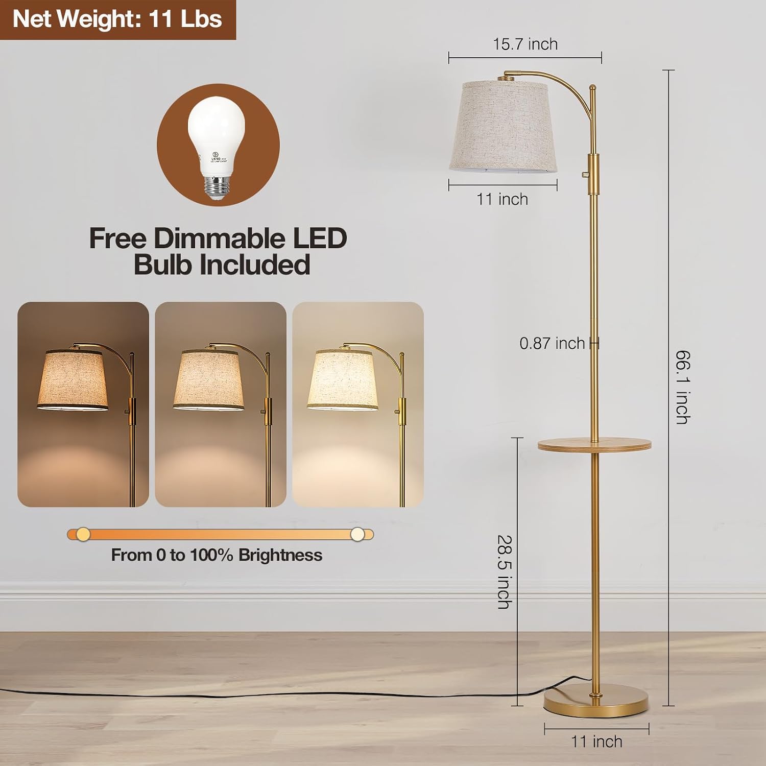 AIDENOEY Fully Dimmable Floor Lamp for Living Room, Standing Lamp Rotary Switch with Table&Linen Beige Shade, Golden Tall Lamps for Bedroom…