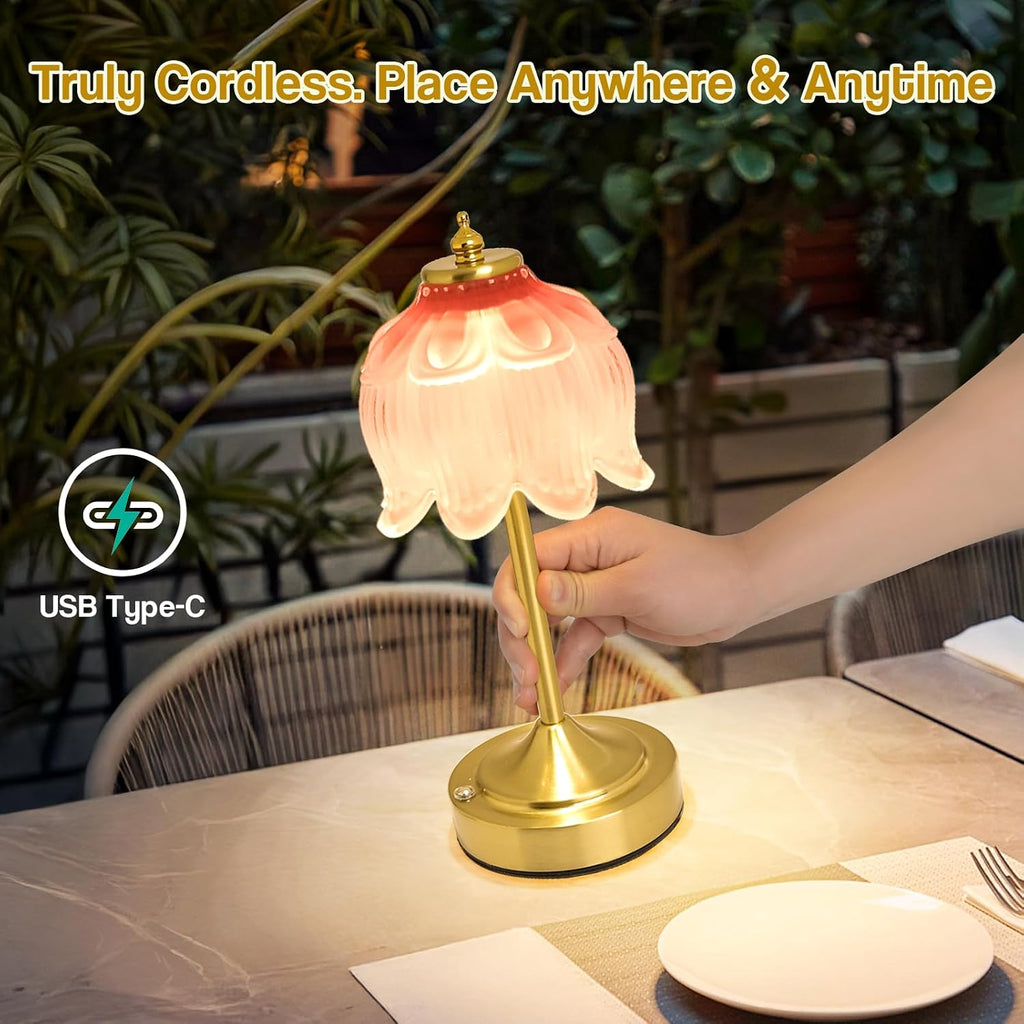 Crkwos Cordless Lotus Flower Table Lamp, 5200mAh Rechargeable Battery Operated Portable Lamp, 3-Color Dimmable Touch Control Small D…