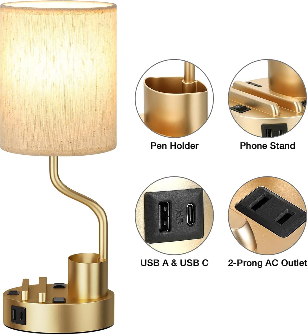 Gold Bedside Table Lamps for Bedroom Set of 2 - Nightstand Light with AC Outlet and USB A & C for Charging, 3 Color Temperatures Desk…