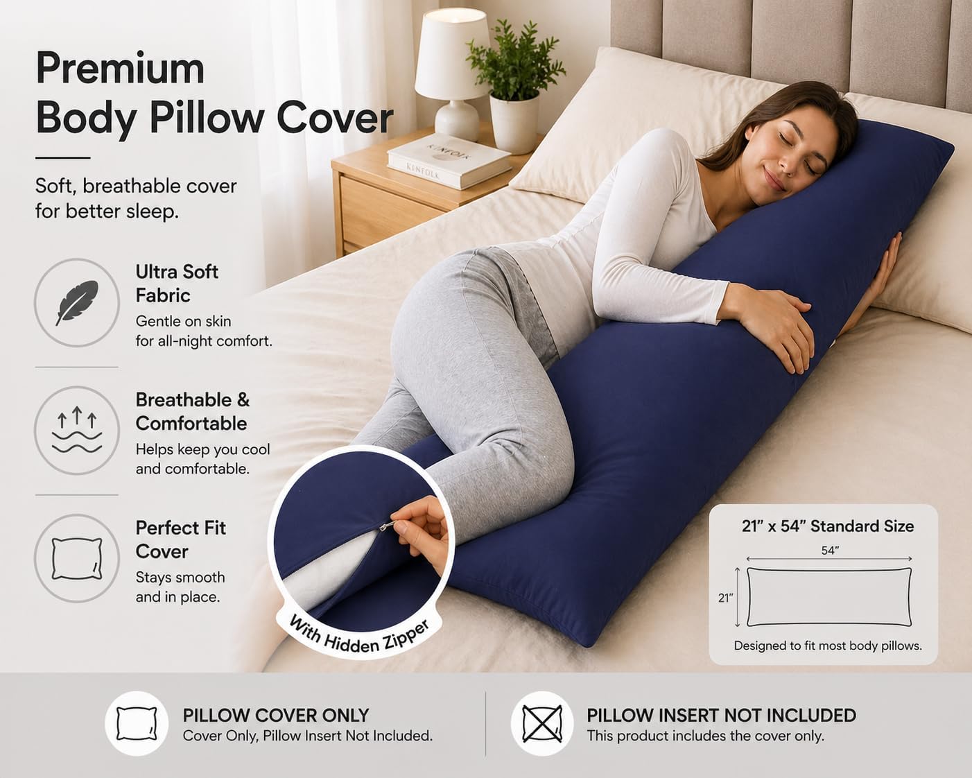 EVOLIVE Ultra Soft Body Pillow Cover 21"x54", Cozy Microfiber Pillowcase with Hidden Zipper, Breathable, Perfect for Pregnancy & Side…