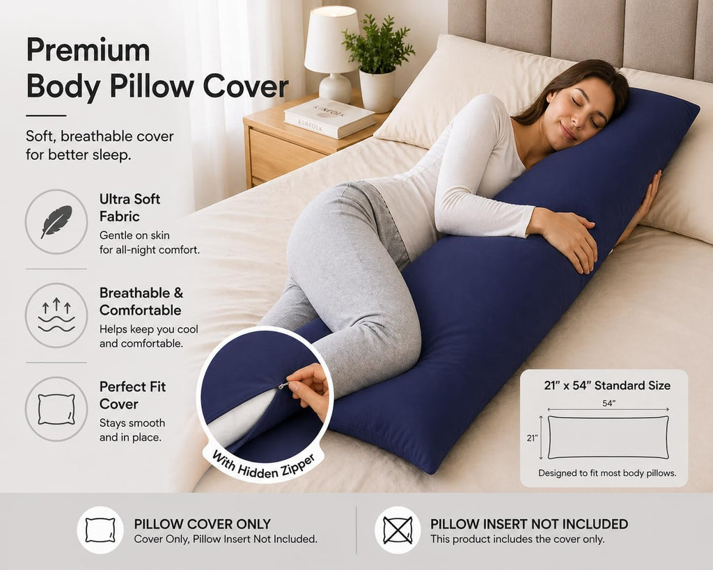 Evolive Soft Brushed Microfiber Body Pillow Cover 21"x54" Pack of 2 with Zipper Closure, Navy
