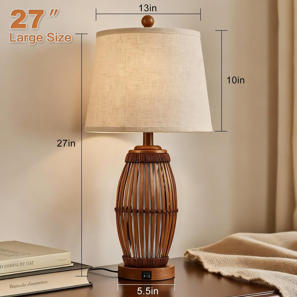 27” Vintage Bamboo Woven Table Lamps Set of 2, Farmhouse Rattan Bedside Lamps for Bedroom Livingroom Office Study with Nightlight and USB…