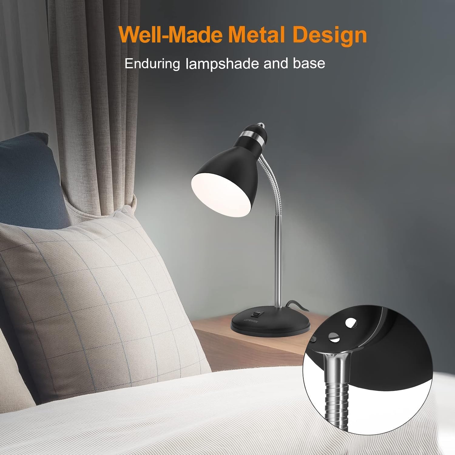 LEPOWER Metal Desk Lamp, Adjustable Goose Neck Table Lamp, Eye-Caring Study Desk Lamps for Bedroom, Study Room and Office (Black)