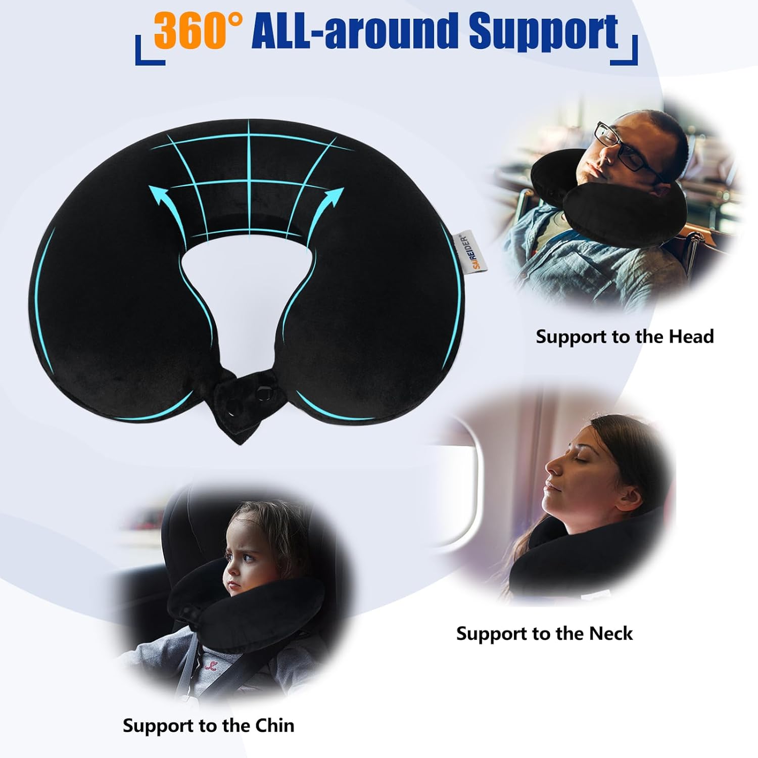 SAIREIDER Travel Pillow 100% Pure Memory Foam Travel Neck Pillow, Airplane Pillow for Traveling、Car、Home、Office, Washable Cover(Black)