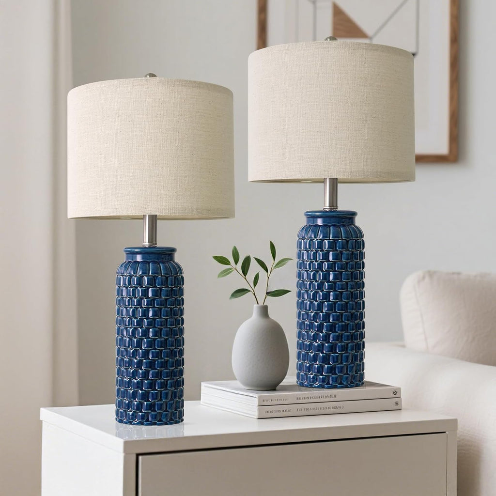 USumkky 24 inches Modern Ceramic Dark Blue Bedside Lamp Set of 2 for Bedroom Decor Farmhouse Table Lamp for Living Room Office Dorm