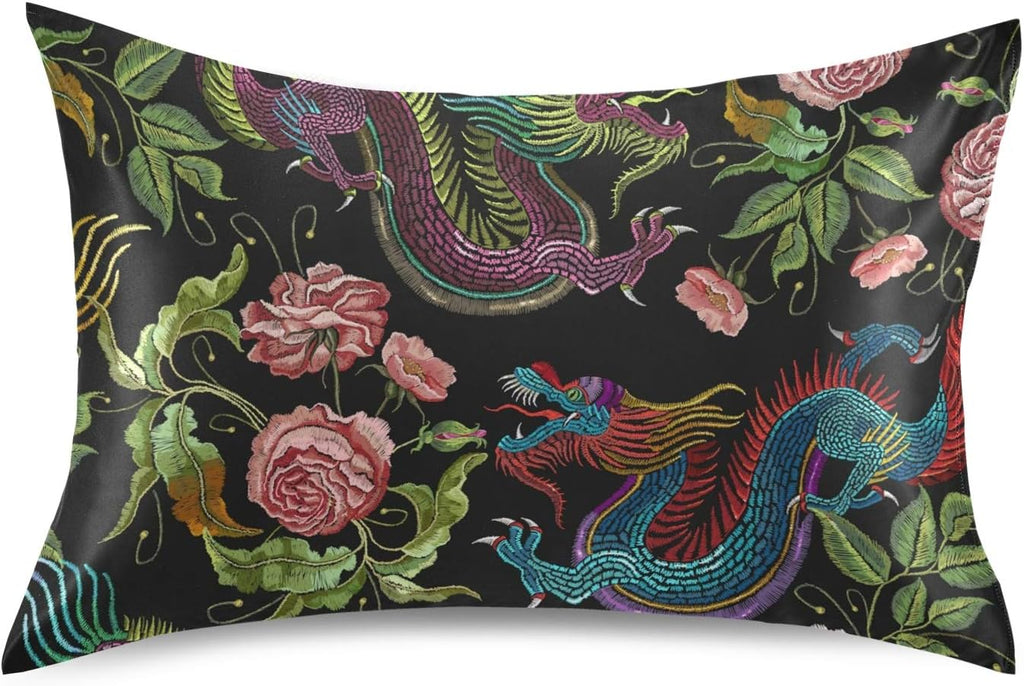 Blueangle Embroidery Chinese Dragon Satin Pillowcase for Hair and Skin Silk Pillowcase, Standard Size(20x26 inches) - Satin Pillow Covers…