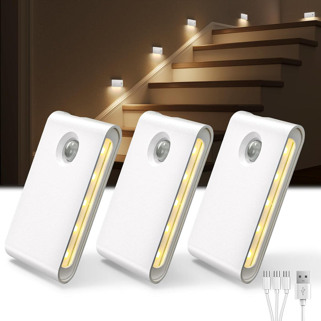 Ezvalo 3 Pack Motion Sensor Night Lights, Sync LED Stair Lights Indoor, 1500mAh Rechargeable, Magnetic & Dimmable, 3000K Soft White, Portab…