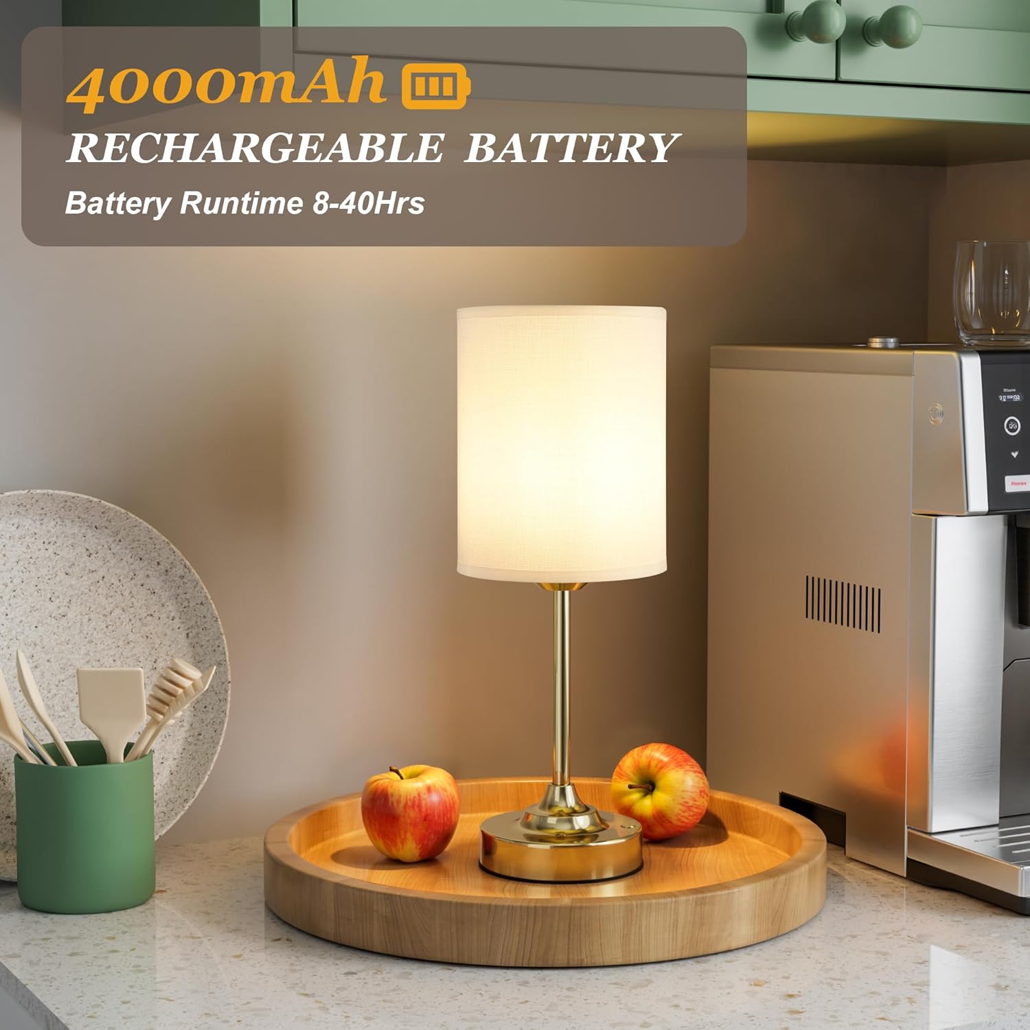 Touch Control Cordlss Table Lamp, USB-C Rechargeable Lamp with Stepless Dimming, 4000mAh Battery Operated Vintage Bedside Lamp for…