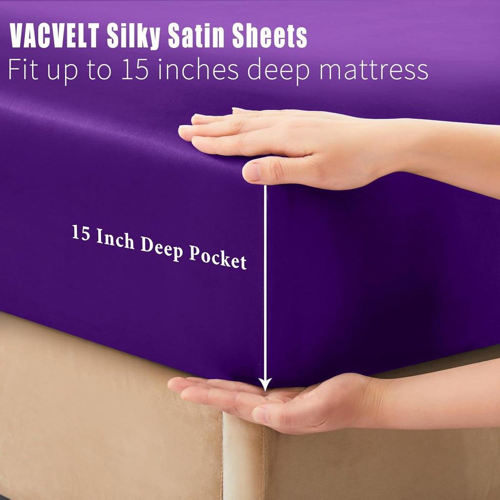 VACVELT 4pcs Purple Satin Sheets Full Size Bed Set, 15 Inch Deep Pocket Silky Satin Sheet Set, Soft Satin Bedding Set Cooling & Luxury…