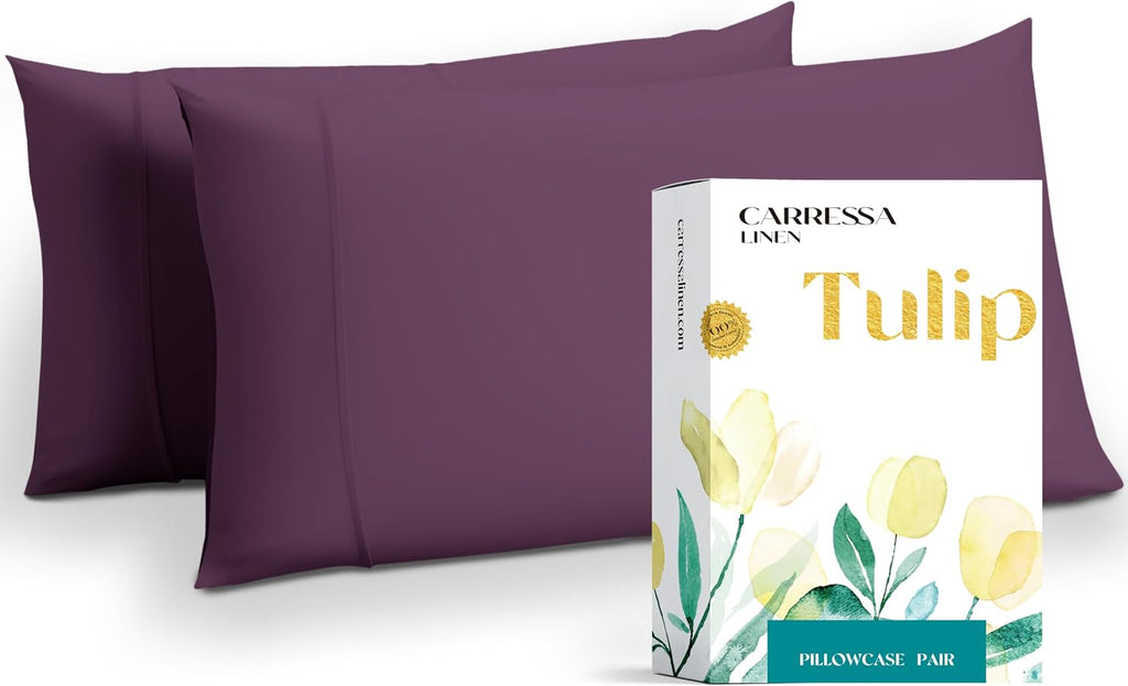 Carressa Linen Luxury Egyptian Cotton King Pillow Cases Set of 2-800 Series Tulips Collection Pillowcases for Sleeping (Plum), Soft…