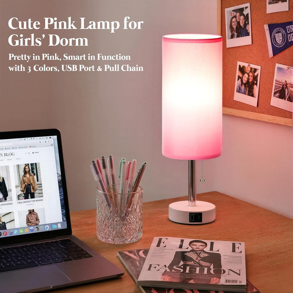 Dicoool Pink Bedside Table Lamp for Bedroom, Small Nightstand Lamp for Girls Kids, 3 Color Temperatures & USB Charging Port, Cute Desk…