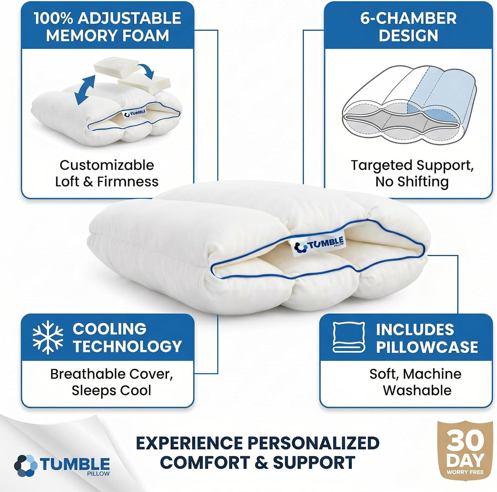 TUMBLE 6-Chamber Adjustable Bed Pillow | Back, Side & Stomach Sleepers | Cooling Cover | Memory Foam & Gel Fiber Fill | Customize Your…