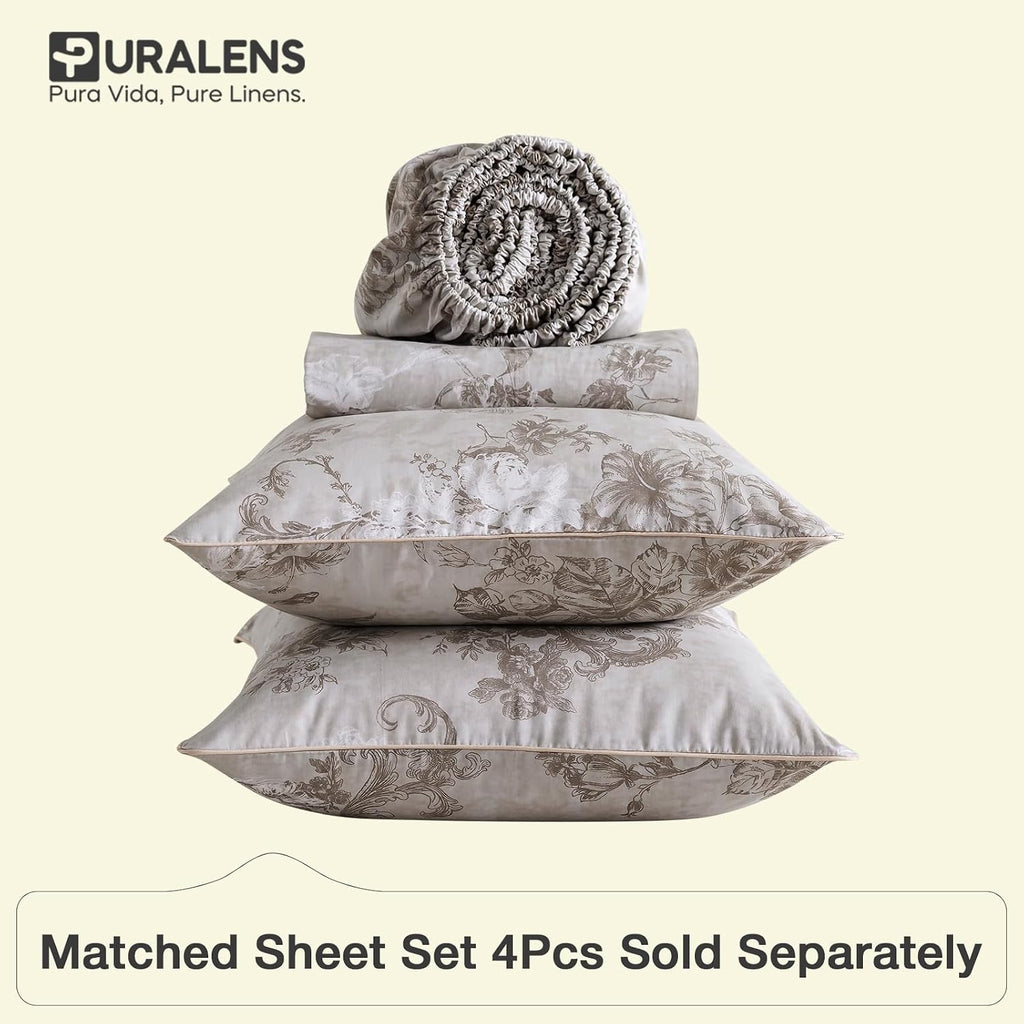 Puralens Vintage Floral Greige Percale Duvet Cover Set, King 100% Cotton Cottage Zipper Comforter Cover, Crisp Neutral Toile Bed Cover Set…