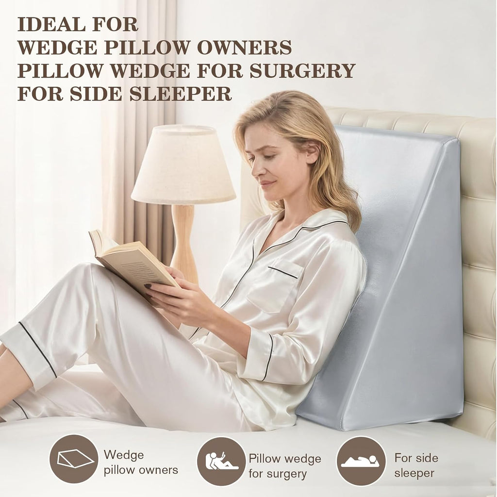 Wedge Pillow Case Cover with Zipper, Thickened Satin Fabric Soft & Skin-Friendly, Machine Washable, Light Grey, 25"x25"x8"