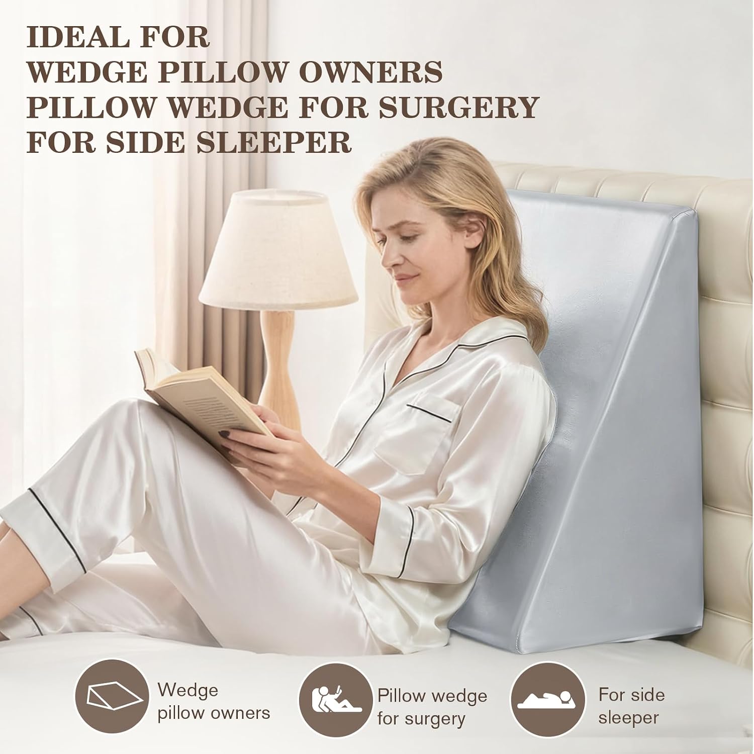 Wedge Pillow Case Cover with Zipper, Thickened Satin Fabric Soft & Skin-Friendly, Machine Washable, Light Grey, 25"x25"x8"
