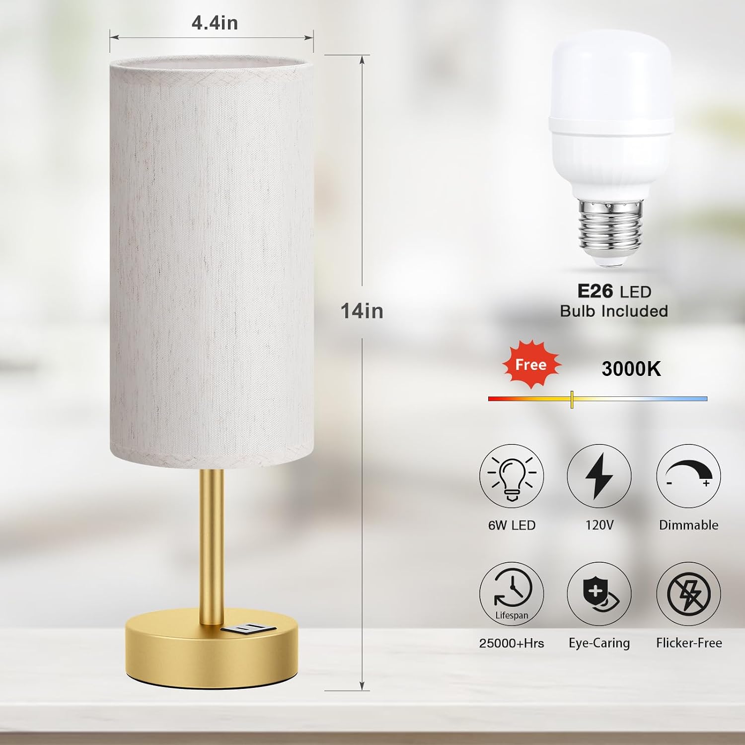 Dicoool Small Touch Bedside Lamp with USB - 3 Way Dimmable Gold Table Lamp for Bedroom, Nightstand Lamp with Gold Charging Station for…