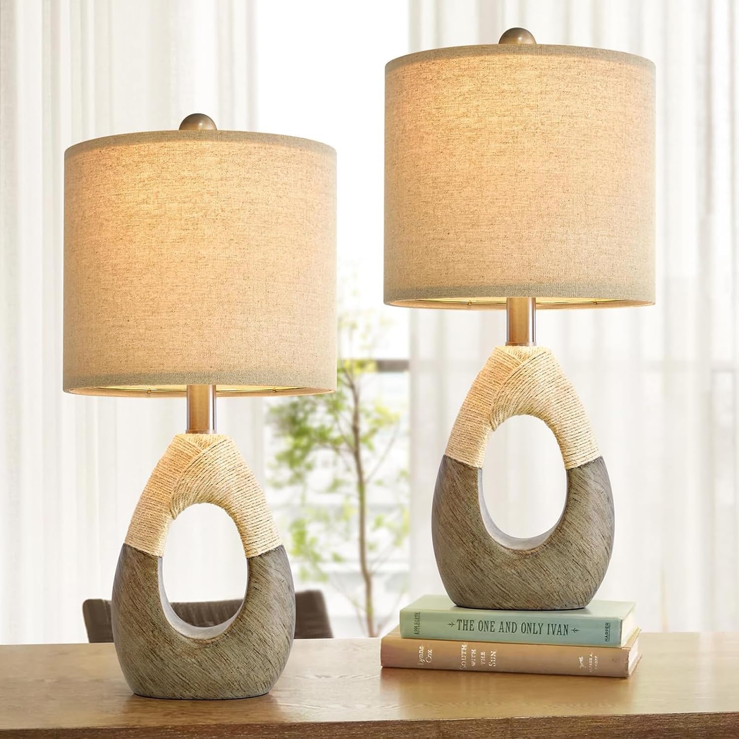 OYEARS 19” Boho Table Lamps Bedroom Living Room Set 2, Suitable for Small Space, Small Farmhouse RattanTable Lamp Rustic Egg Design Resin…
