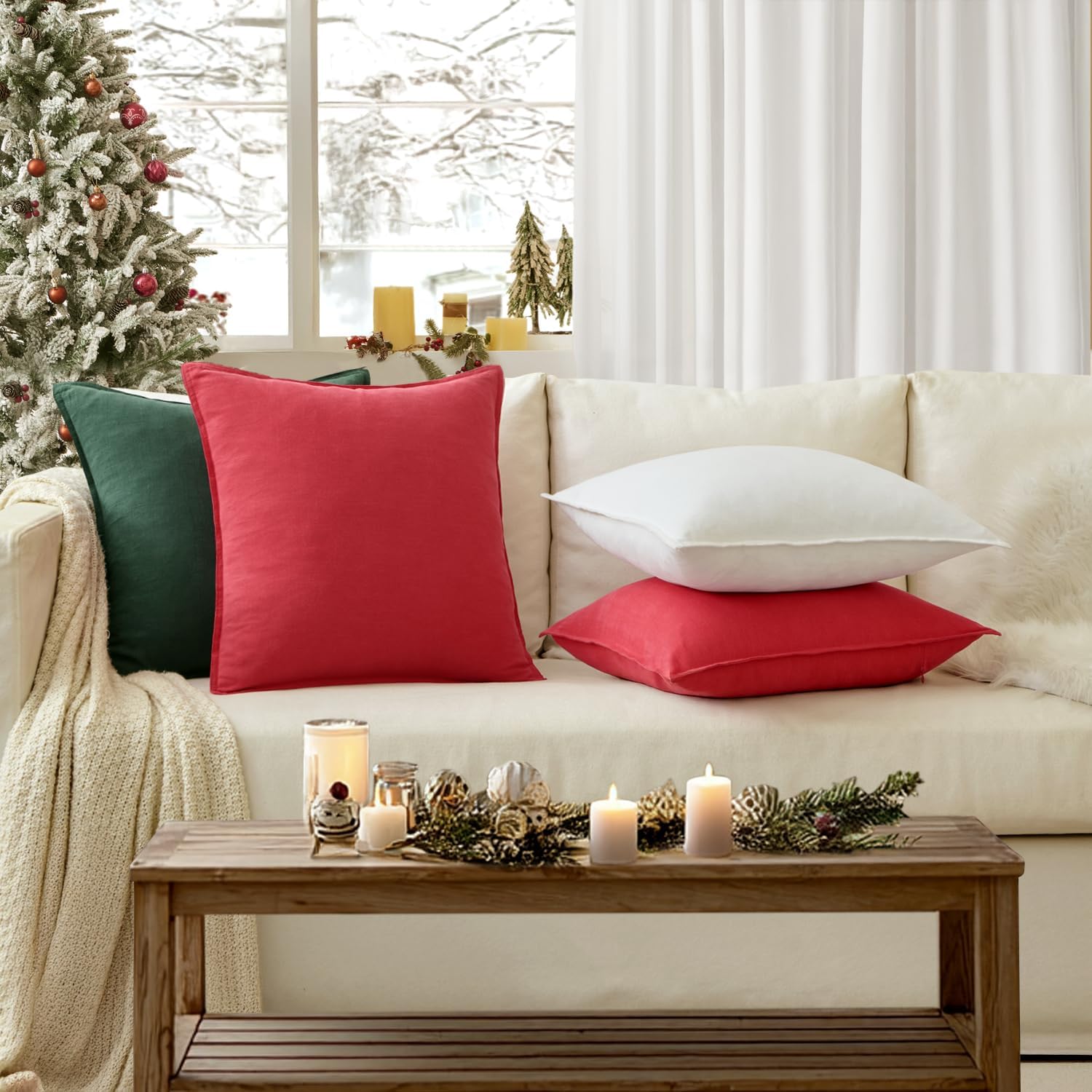 EMEMA Christmas Throw Pillow Covers Decorative Linen Pillow Covers 20x20 Inch Green Boho Farmhouse Neutral Couch Throw Pillows for Bed…
