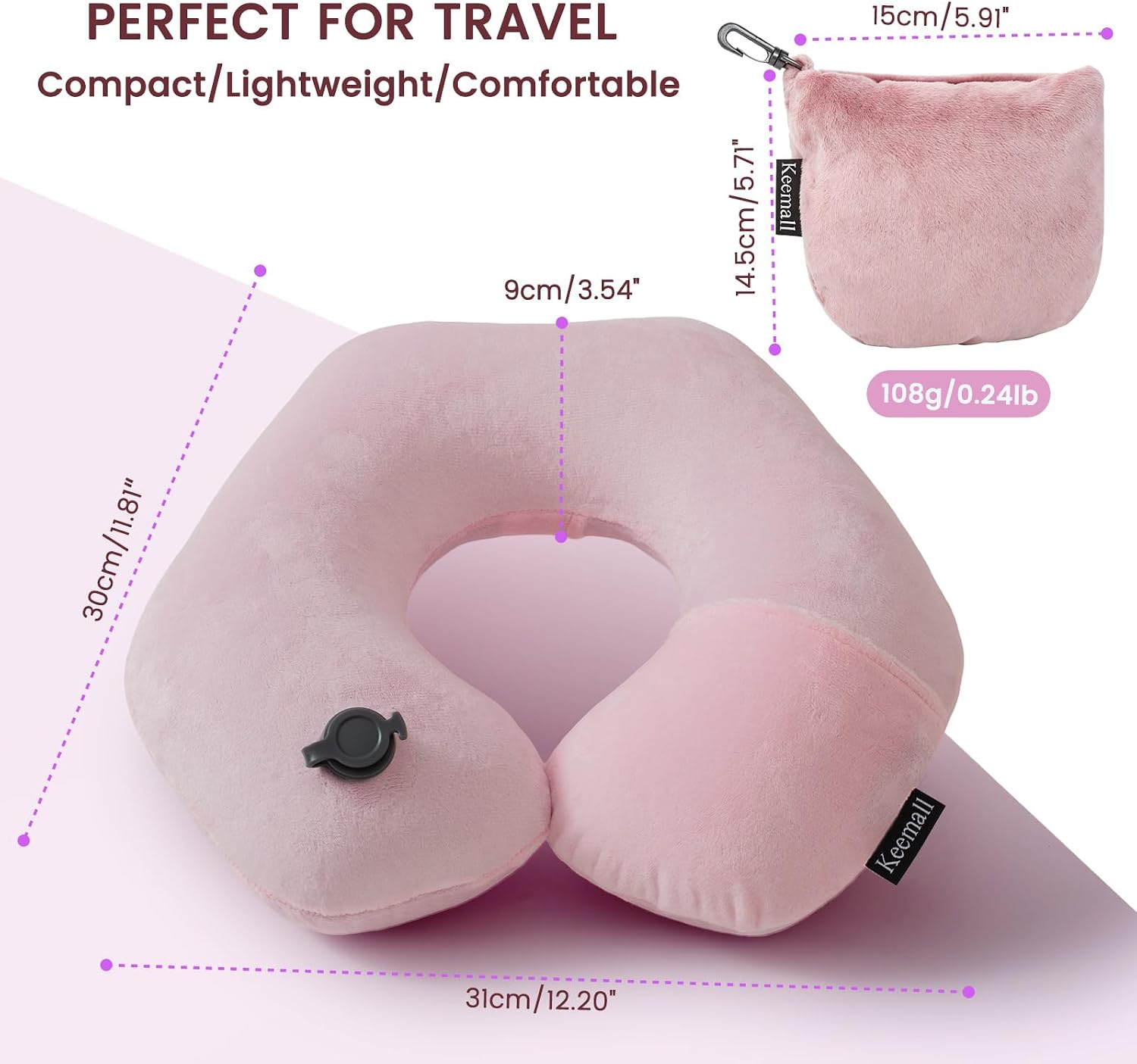 Keemall Inflatable Neck Pillow, Premium Pink U-Shaped Travel Pillow with Soft Washable Cover, Compact Portable Airplane Travel Essentials…