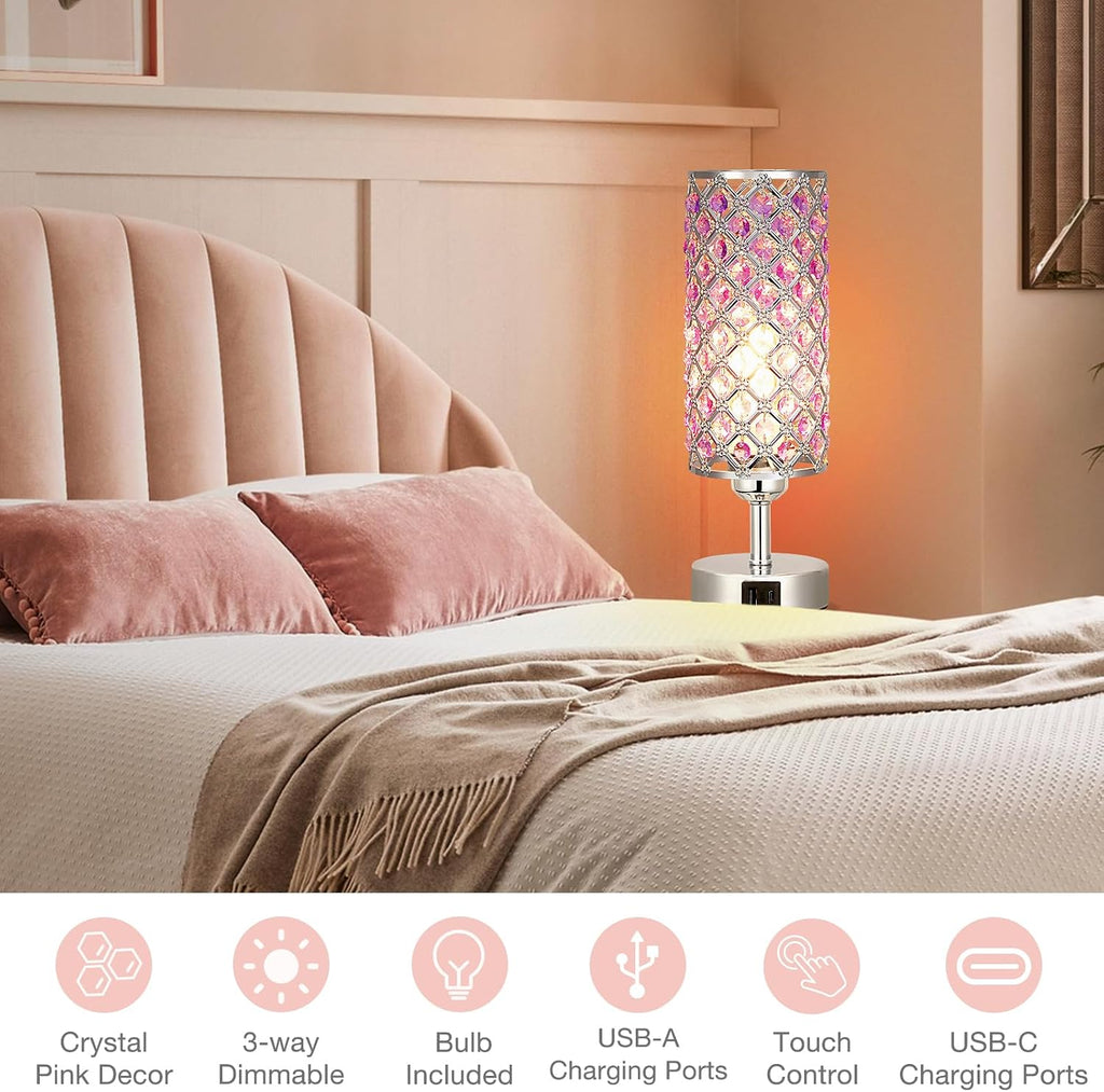 Hong-in Purple Lamp for Girls Room-Crystal Touch Lamp with USB-C+A Ports,3 Way Dimmable Bedside Light with Crystal Shade for Bedroom Home…