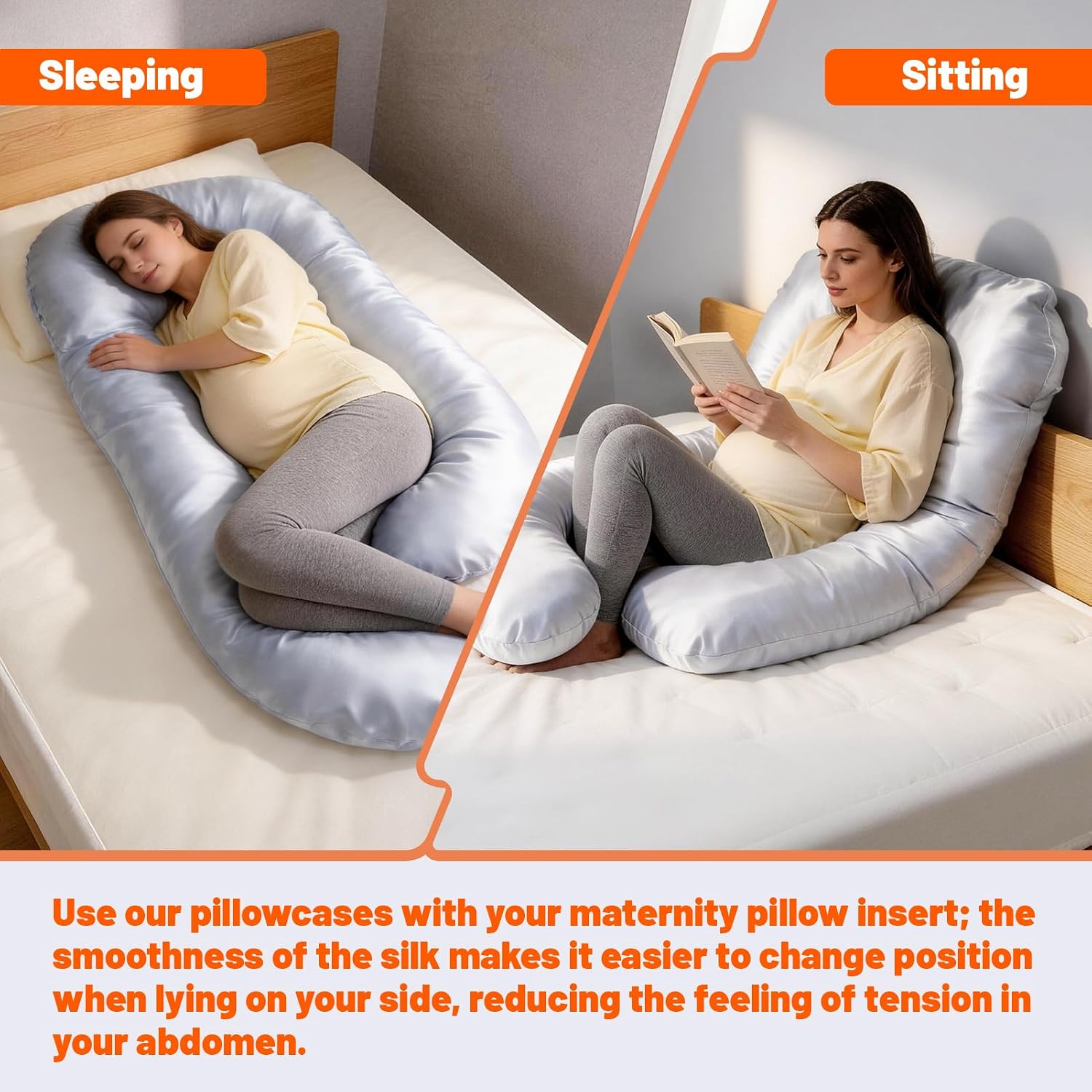 JZHLLA Maternity Pillow Cover, Silky Satin Fabric Removable & Washable U-Shaped Smooth Pregnancy Pillow Cover with Hidden Zip(Grey,1 PCS)