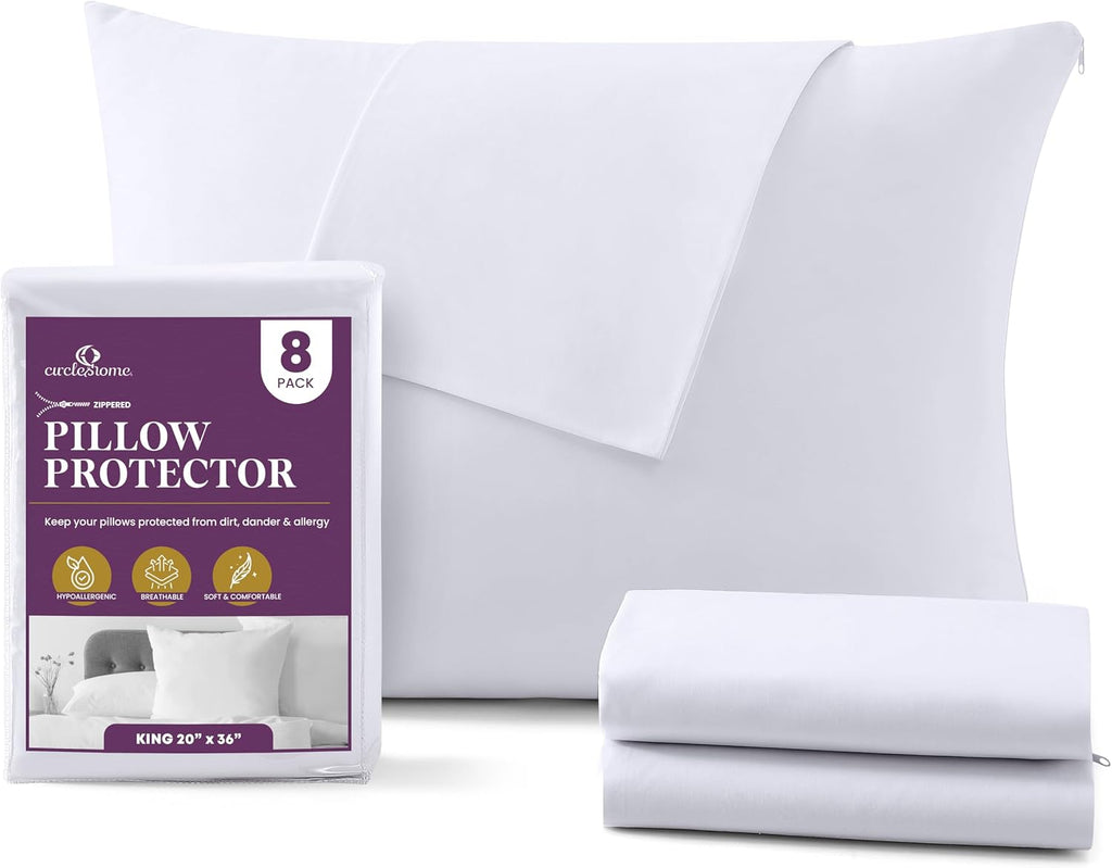 CirclesHome Pillow Protectors 8 Pack King Zippered - 100% Cotton Breathable Pillowcases - Protects Pillows from Dirt, Dust and Debris (King…