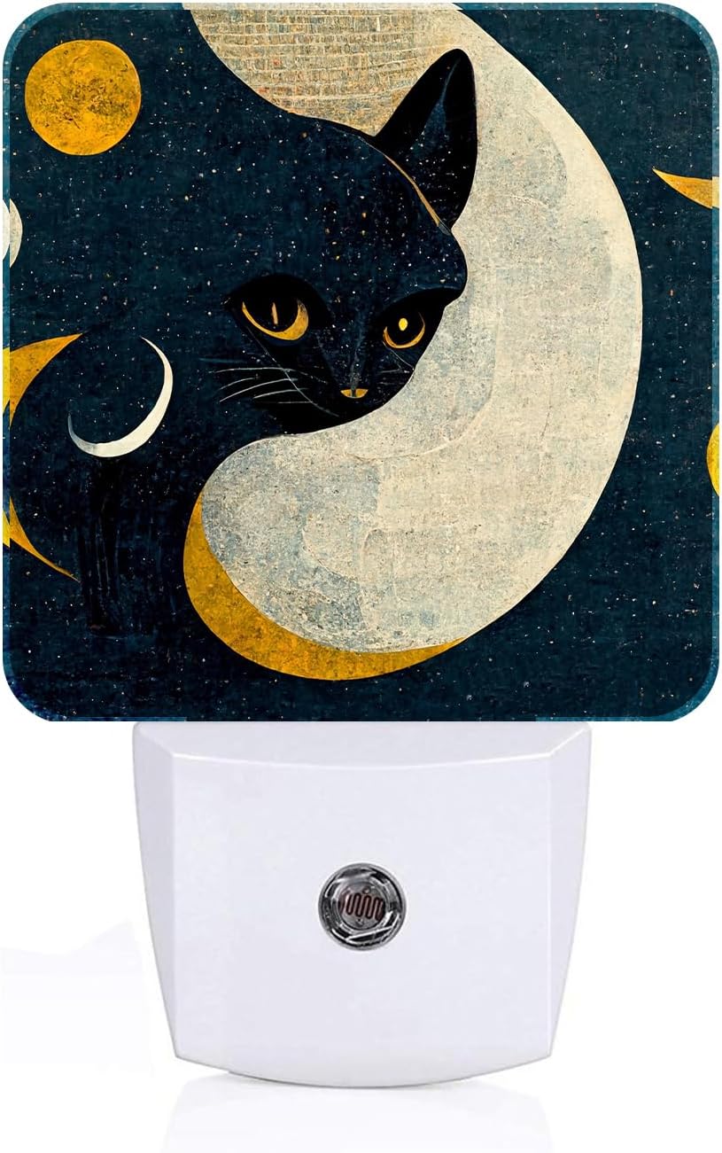 Black Cat Moon Night Light, Plug Into Wall for Boys Girls Bedroom Decorative Square Night Light Lamp 0.5w Sleep Friendly
