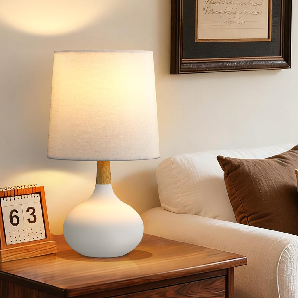 Hightry 14" Small Ceramic Table Lamp Set of 2, Bedside Lamp for Living Room with Natural Wood Stem & Linen Shade for Home Decor, Modern Far…