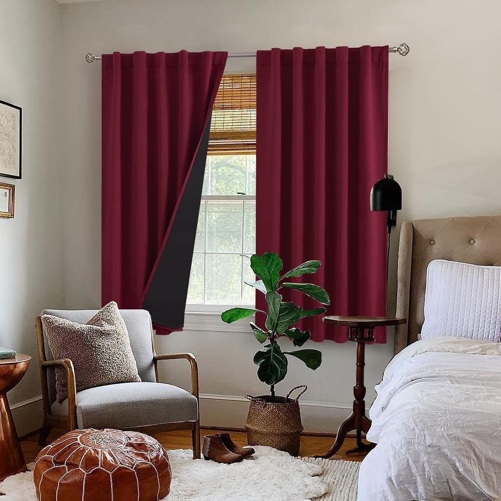 BGment Burgundy Red 100% Blackout 48 Inch Curtains for Small Window, Rod Pocket and Back Tab Double Layer Black Out Thermal Insulated…