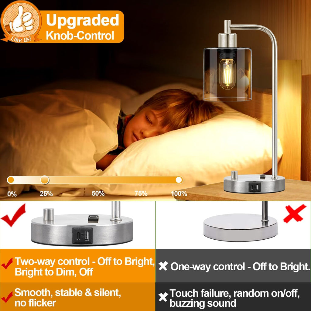 Set of 2 Industrial Table Lamps with USB C+A Ports and Outlet, Brushed Nickle Fully Stepless Dimmable Bedside Lamps, Nightstand Lamp with…