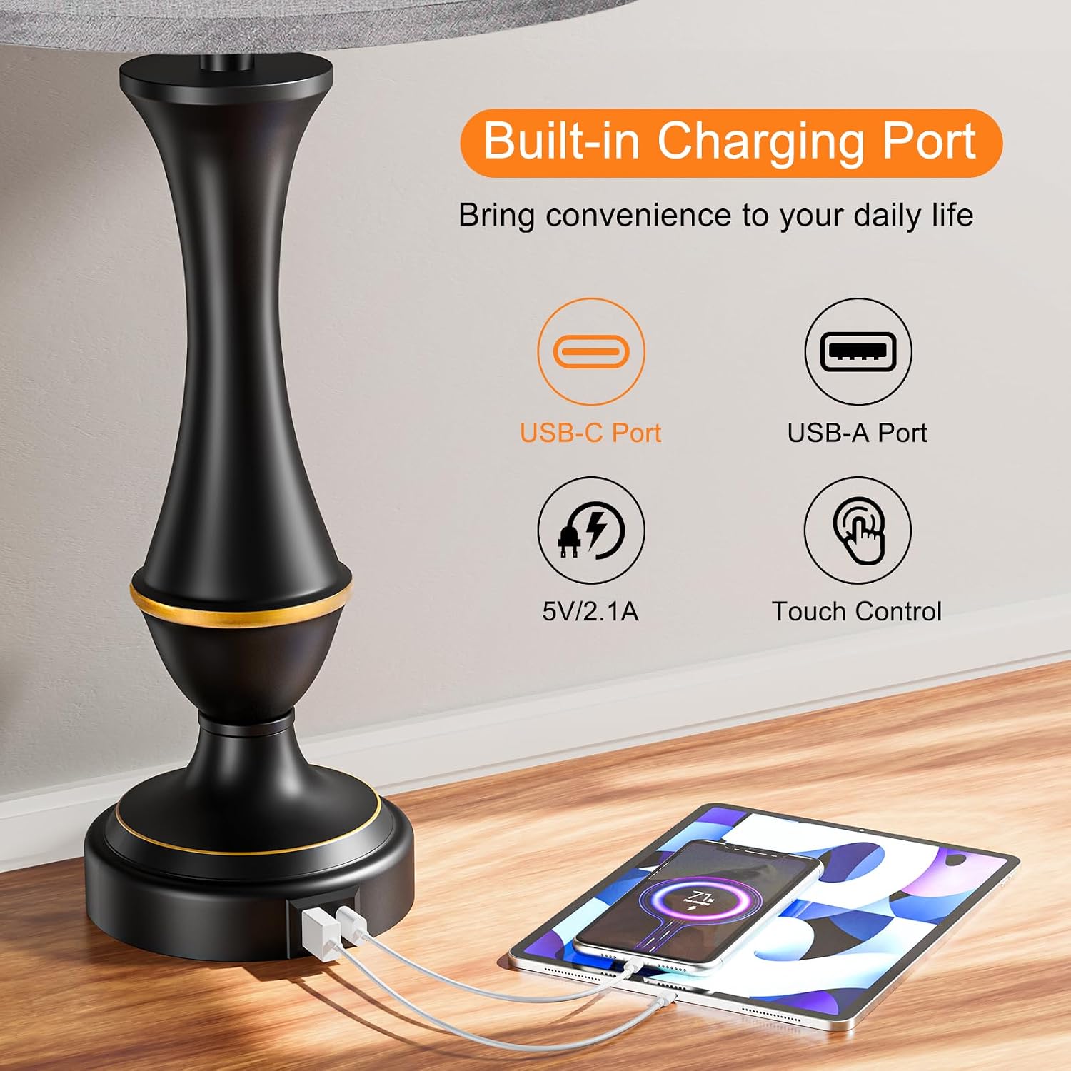 Seealle Upgraded Touch Lamps for Bedrooms Set of 2 - Nightstand Table Lamp with USB C+A, 3 Way Dimmable Lamps for Living Room(Grey)