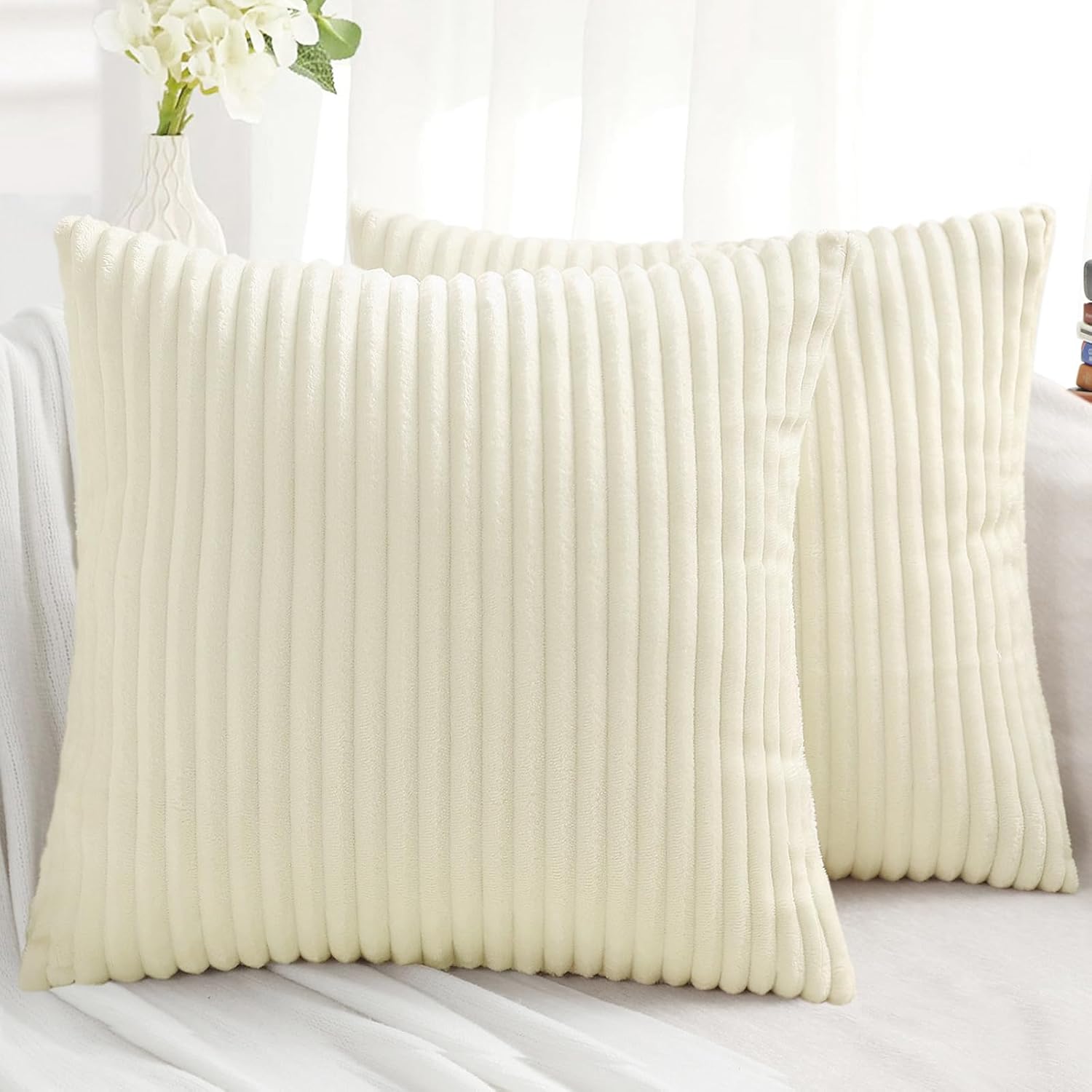 SimmoreHomeDecor Simmore Decorative Throw Pillow Covers 18x18 Set of 2, Soft Natural Plush Flannel Double-Sided Fluffy Couch Pillow Covers…