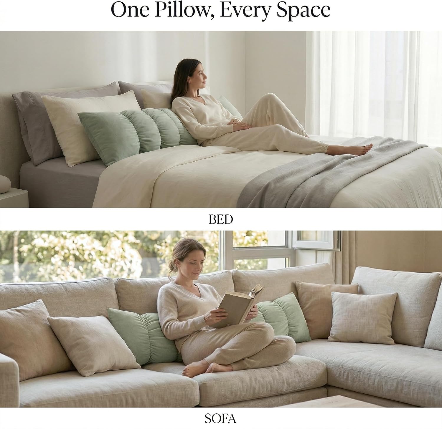 Ailuteie Pat. Pend. Long Pillow for Bed, Segmented Body Pillow for Adults and Side Sleepers with Soft Velvet Washable Pillowcase (Celadon G…