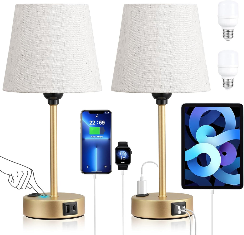 Lamp for bedrooms Set of 2 - Nightstand Bedroom Lamp with USB C Port and AC Outlet Charging, 3 Way Dimmable Touch Control Bed Side Table…