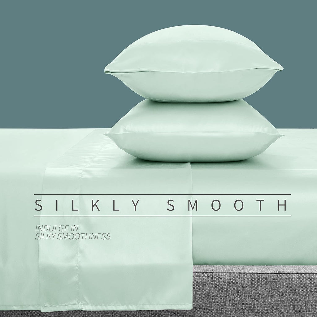 Cobedzy 3 Pcs Mint Green Satin Sheets Twin XL Size Silky Satin Bedding Sheets Set with 1 Deep Pocket Fitted Sheet, 1 Flat Sheet, 1 Pillowca…