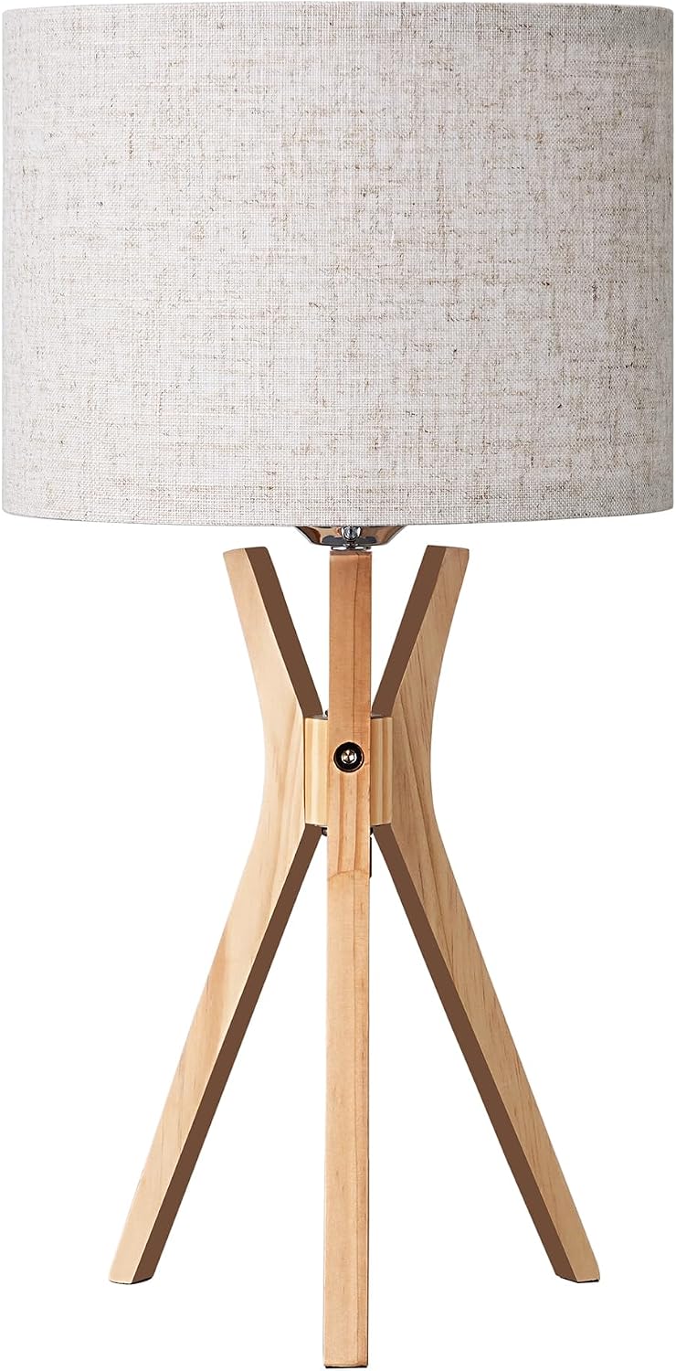 Edishine Tripod Table Lamp, 17.5" Modern Bedside Lamp with Natural Wood-Colored Lamp Legs & Beige Linen Lampshade, Boho Nightstand Lamp for…