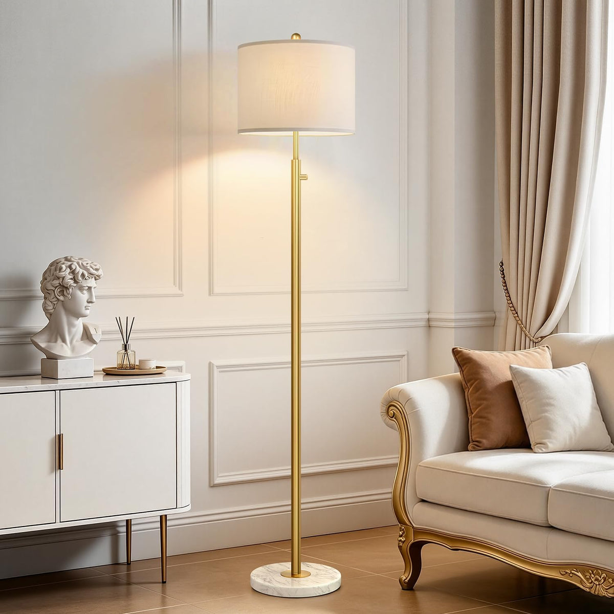 Upgraded】Dimmable Gold Floor Lamps for Living Room, 11W LED Bulb Included, Modern Standing Lamp with Marble Base, Tall Pole Light with…