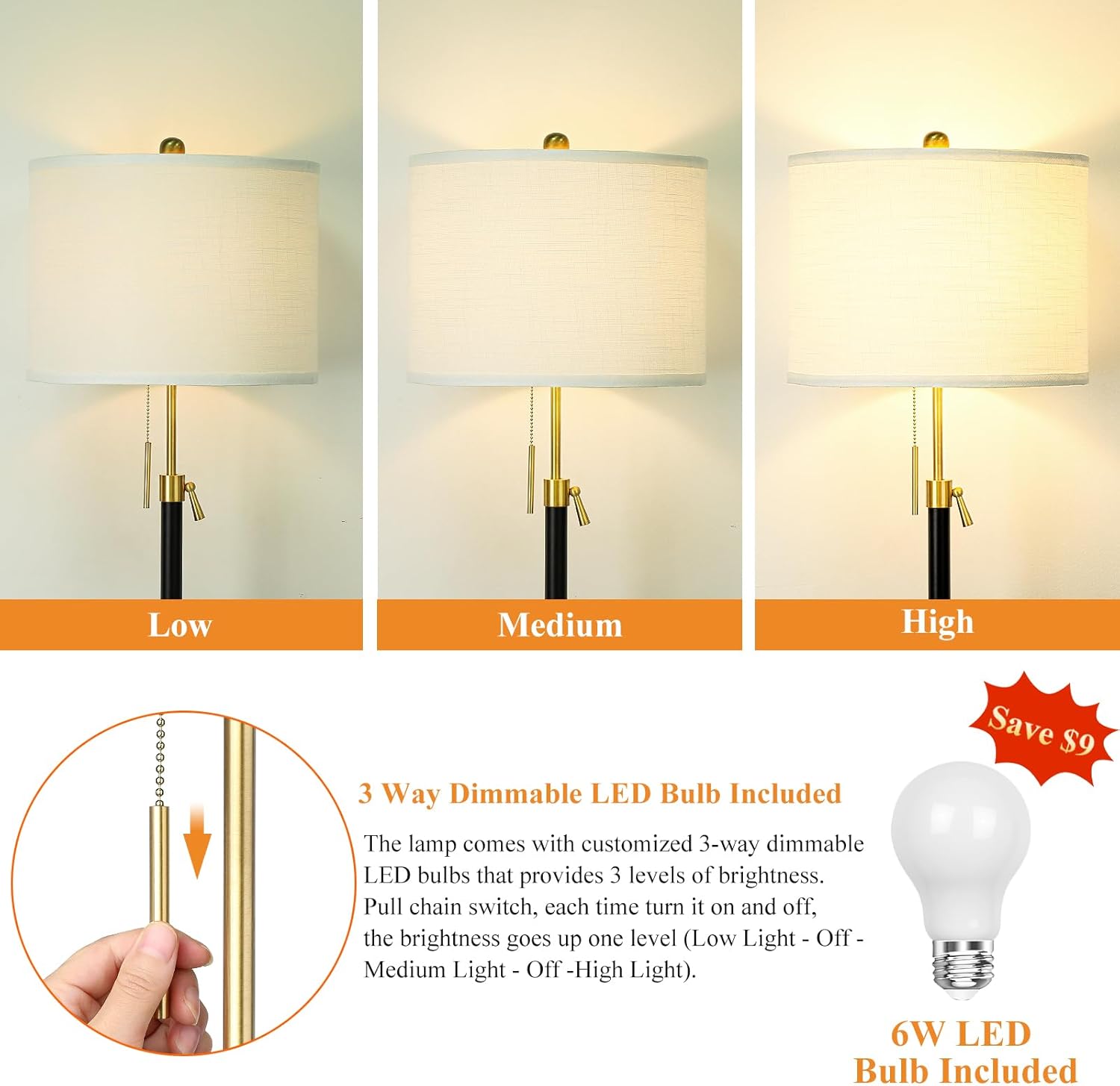 Qingmiao Floor Lamp for Living Room Adjustable Tall Standing Lamp, 3-Way Dimmable Floor Lamp for Bedroom Office, Black Gold Lamp with…