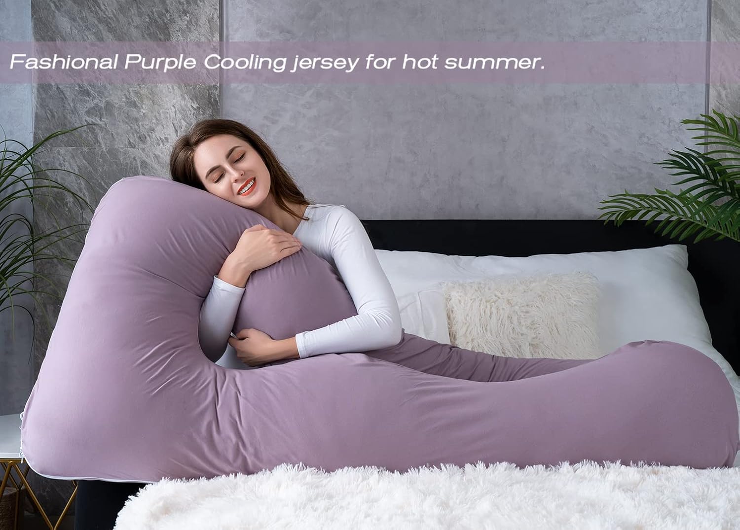 Meiz U Shaped Sleeping, Cooling 60‘’ Maternity Pillow for Pregnant Women with Jersey Cover, Purple 1 Count 60 Inch Cotton