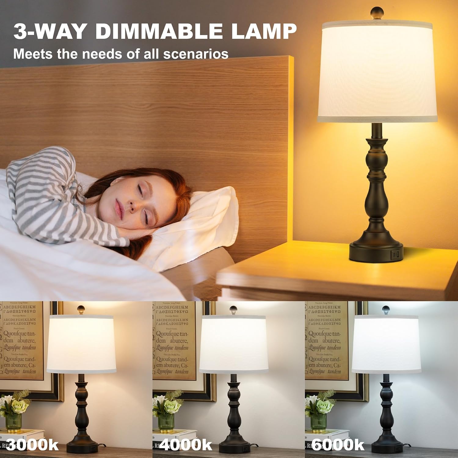 Farmhouse Side Table Lamps for Living Room Set of 2 with USB C+A Ports, Bedside Lamp for Bedroom, Dining Room Decor, Office, End Table…