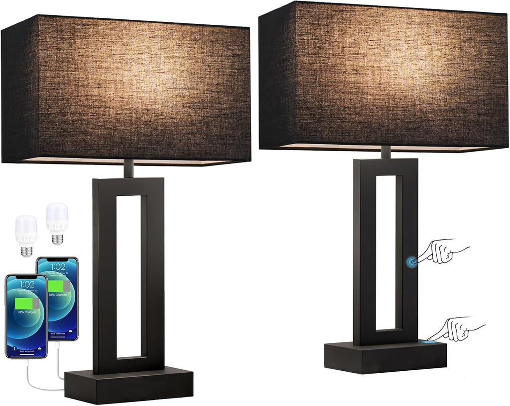 Seealle Nightstand Table Lamps for Bedrooms Set of 2 - Touch Bedside Lamp with USB C+A, 3 Way Dimmable Living Room End Tables 2, Modern…