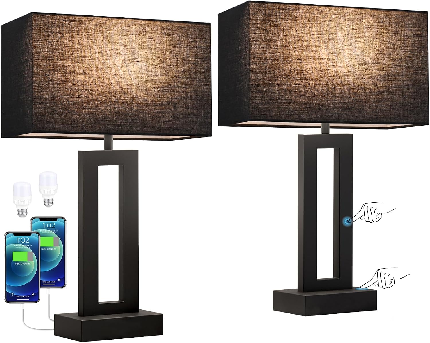 Seealle Nightstand Table Lamps for Bedrooms Set of 2 - Touch Bedside Lamp with USB C+A, 3 Way Dimmable Living Room End Tables 2, Modern…