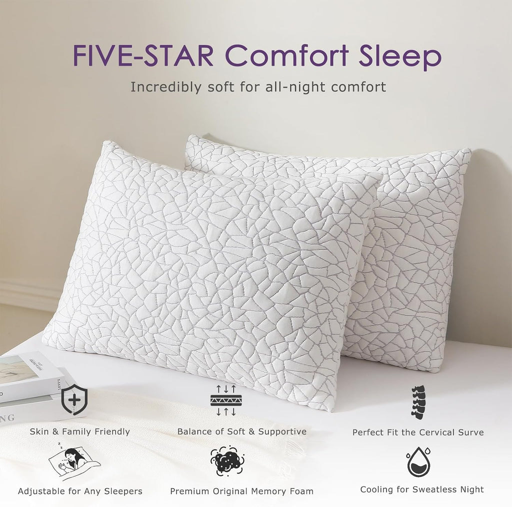 Shredded Memory Foam Pillow for Sleeping, Cooling Bed Pillows King Size Set of 2, Adjustable Soft and Firm Pillows or Side, Back, Stomach…