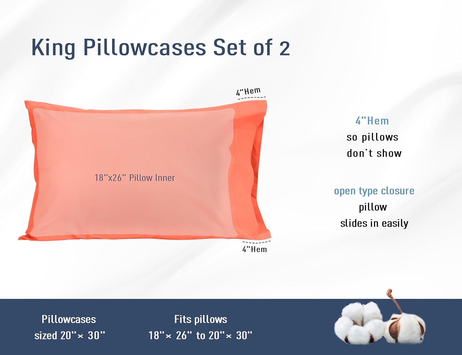 Homtec Pillow Cases, King Size Cotton Percale Weave Pillowcases, Pre-Shrunk Breathable and Hypoallergenic Pillowcases, Set of 2 (2 Piece Ki…