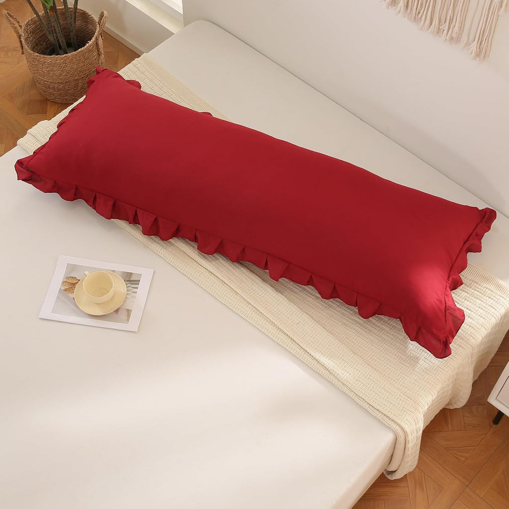 Merryword Burgundy Body Pillow Cover 20x54inches Long Pillowcase Ruffled Pillowcases Shabby Chic Ruffled Fringe Decor Body Ruffled Pillow S…
