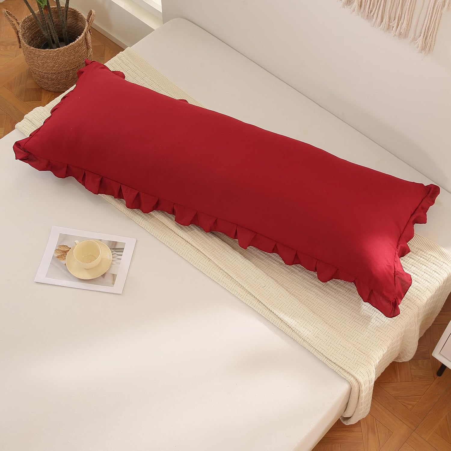 Merryword Burgundy Body Pillow Cover 20x54inches Long Pillowcase Ruffled Pillowcases Shabby Chic Ruffled Fringe Decor Body Ruffled Pillow S…